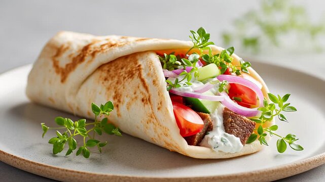 Fresh mediterranean gyro wrap with vegetables and herbs on a ceramic plate