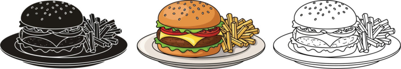 Set of three hamburger and french fries illustrations in color, black silhouette, and outline style