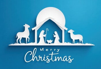 Nativity Scene Paper Cut Illustration With Mary Joseph Baby Jesus Sheep On Blue Background For Christmas Holiday Season