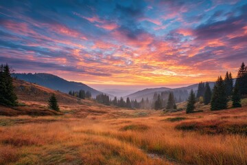 Serene landscape at dawn with vibrant sunrise hues blending orange, pink, and purple over grassy fields and lush pine forests, evoking tranquility and natural beauty in every corner
