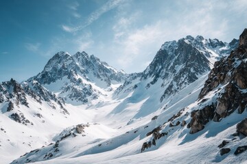 Majestic winter mountain landscape with snow-covered peaks under clear blue sky, showcasing sharp rock formations and smooth slopes, evoking serenity and grandeur of nature