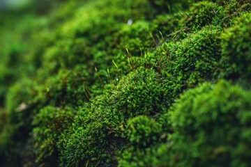 Obraz premium Lush green moss covering with varied textures and delicate plants, highlighted by soft lighting, emphasizes the serene beauty of nature and tranquility in outdoor environments