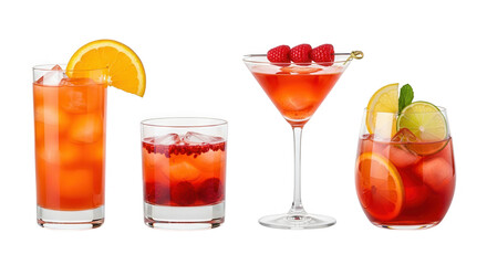 Four assorted red cocktail drinks isolated on transparent background