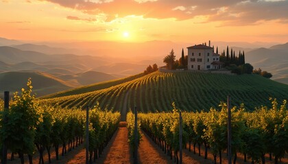 Naklejka premium Tuscan villa sits atop hill overlooking vast vineyard at golden sunrise. Sunlight illuminates rolling hills, grapevine rows. Scenic agricultural landscape of rural Italy shows peaceful farmhouse,