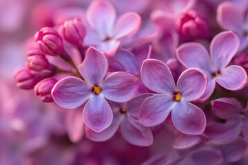 Beautiful lilac flowers in soft pastel shades of pink and purple with yellow centers, showcasing budding blooms and a blurred background, evoking spring freshness and harmony