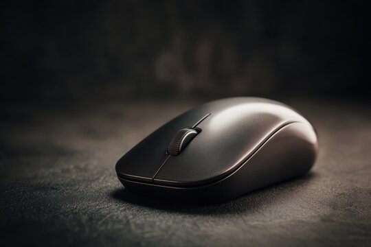 Dark computer mouse on blurred dark background showcasing sleek design and glossy finish for modern tech enthusiasts
