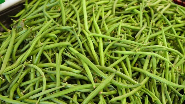 resh Green Beans Arranged Neatly at a Vibrant Italian Food Market