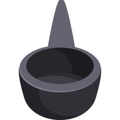 3D Isometric View Of A Dark Gray Empty Bowl With A Tall Pointed Handle On A Transparent Background For Food Service Or Cooking Preparation