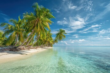 Tropical beach scene with white sand, swaying palm trees, serene blue and green water reflecting clouds under a clear sky, evoking a tranquil paradise atmosphere