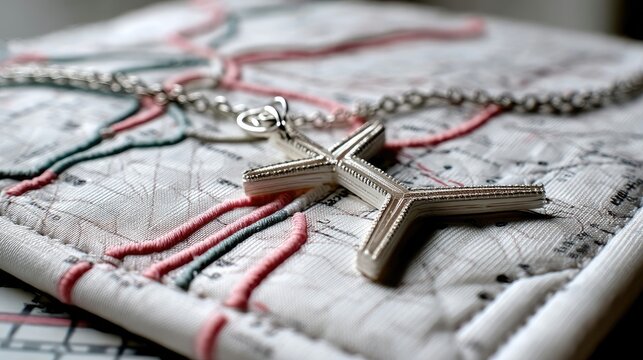 A detailed close-up of a silver cross pendant with a chain, placed on a quilted fabric that resembles a map. The fabric has embroidered lines in pink and teal,