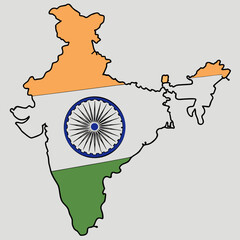 A stylized outline map of India incorporating the colors and central Ashoka Chakra (navy blue wheel) from the Indian national flag: saffron at the top, white in the middle with the chakra, and green.