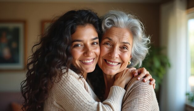 Young woman hugs elderly mother tenderly inside house. They share loving bond smiling warmly at camera, enjoying moments of close family connection. Generation gap bridged with affection. - Powered by Adobe