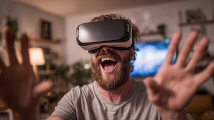 A man is fully immersed in a virtual reality experience at home, interacting with the captivating digital environment. His hands are raised as he navigates through the virtual real