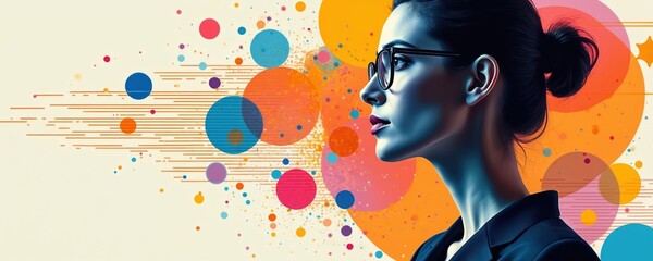 Woman with glasses looks into distance. Abstract colorful circles and lines form background. Creative digital art for business and tech concepts. Forward thinking pro woman.