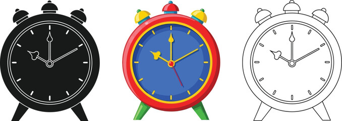Set of three alarm clock icons showing different styles solid black silhouette, colorful illustration, and simple outline drawing
