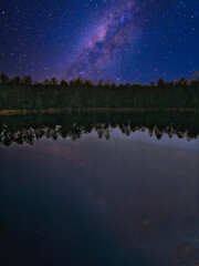 Mountain landscape with a lake in the evening, stars in the sky, milky way, Creative post processing