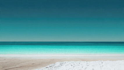 Obraz premium A tranquil minimalist seascape featuring a vibrant turquoise ocean meeting a white sandy beach under a serene teal sky.