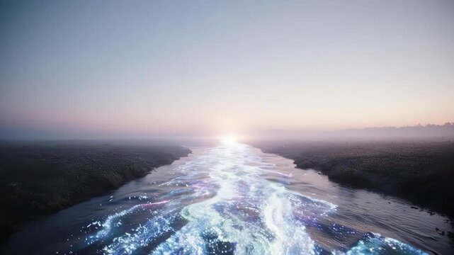 Abstract spiritual journey of a glowing human figure on a path towards a bright horizon at sunset.