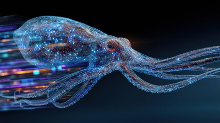 Cybernetic Octopus Controls Neon Data Streams in a Futuristic Tech Setting