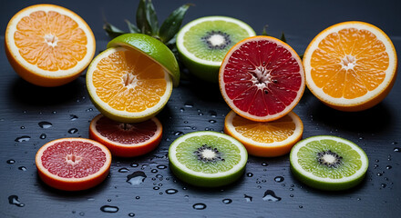 Colorful sliced citrus and kiwi-like fruits on a wet dark surface