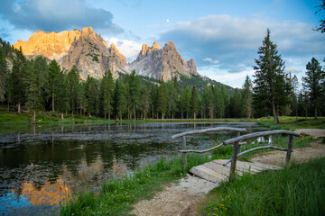 Antorno Lake withg Cadini di Misurina and Tre Cime di Lavaredo. Dolomites, Veneto, Italy.