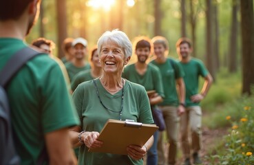Happy elderly woman leads group of volunteers in forest. Diverse people wear green shirts, work on nature project. Sunny day, collaboration, teamwork.