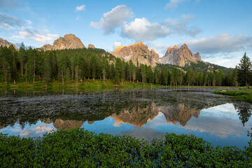 Antorno Lake withg Cadini di Misurina and Tre Cime di Lavaredo. Dolomites, Veneto, Italy.