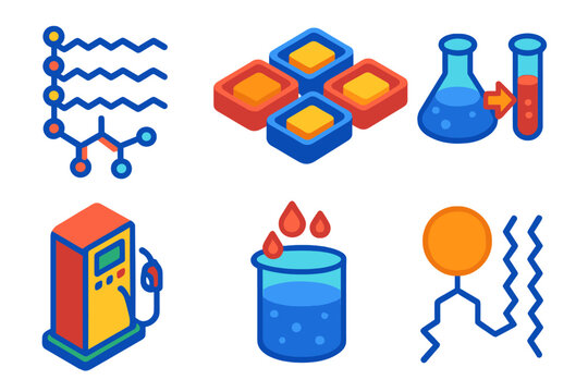 Oleochemistry Isometric Icons. Isometric vector illustration set Oleochemistry: triglyceride molecules, soap molds, esterification