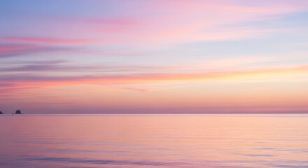A serene seascape at sunset with pastel colors reflecting on the calm water and distant rock formations