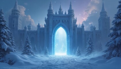 Naklejka premium Majestic ice castle with glowing magic portal stands in winter forest. Gate opens entrance to another world dimension. Fantasy kingdom fortress in snowy landscape with fir trees under starry night