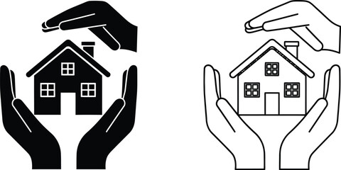 Protecting our homes two hand icons offering safety and shelter