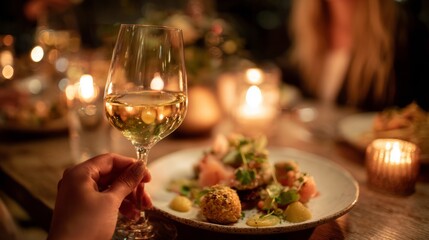 A hand holding a glass of white wine near a beautifully arranged dinner plate. The setting is warm and intimate with candles and blurred figures in the background.