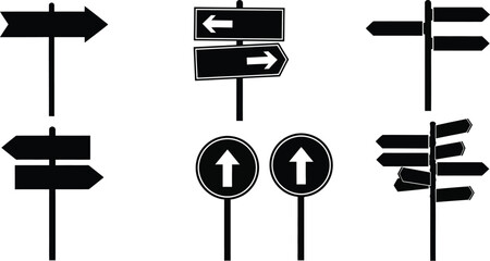 Collection of various black directional signpost icons and symbols on white background