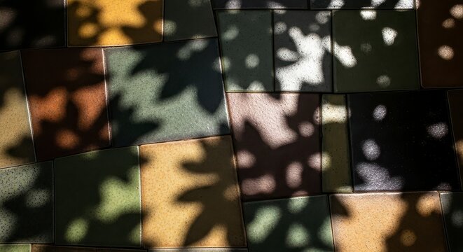 A close up of colorful tiles with leaf shadows and dappled light creating an abstract pattern view