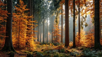 breathtaking wide shot, tranquil autumn forest, soft diffused sunlight filtering through golden and red foliage, serene atmosphere, ultra-realistic photography, high detail, vibrant