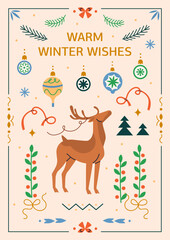 Winter holiday greeting card. Festive Christmas and New Year poster design with typography, reindeer, baubles, ornaments, seasonal symbols in Scandinavian retro style. Flat vector illustration.