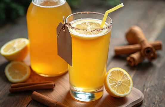 Glass of fermented kombucha tea with lemon slice and cinnamon sticks. Refreshing healthy drink in bottle on rustic wooden table. Natural beverage with citrus.