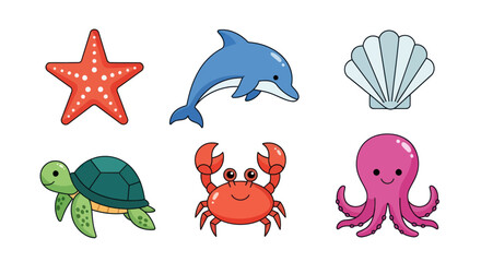 Cartoon ocean creatures starfish dolphin seashell turtle crab octopus