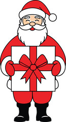 Santa Claus vector illustration standing and cheerfully holding a large white gift box wrapped with a big red ribbon and bow.
