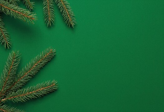 Green pine branches against a solid green background, perfect for festive themes