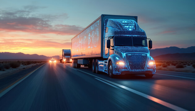 Autonomous trucks drive on highway at sunset. Digital data streams cover vehicles, showing smart logistics and futuristic transport. Fleet moves on road across desert.