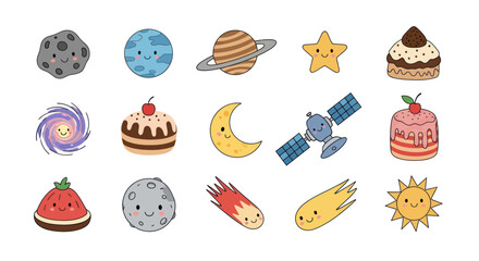 Cartoon planets and celestial bodies with smiling faces for education