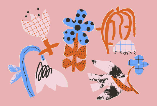A bold naive floral illustration set with quirky shapes, graphic textures and contrasting colors. Hand-drawn abstract flowers perfect for branding, packaging, prints, stickers, social media 