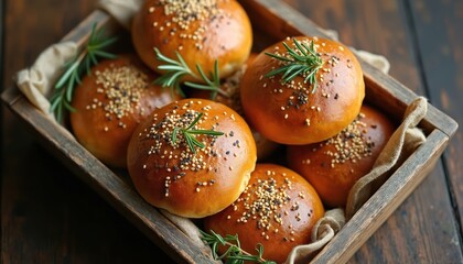 Bread rolls in wooden tray closeup. Buns decorated with seeds and rosemary. Bakery products for breakfast. Sweet baked pastry on wooden table for food blog.