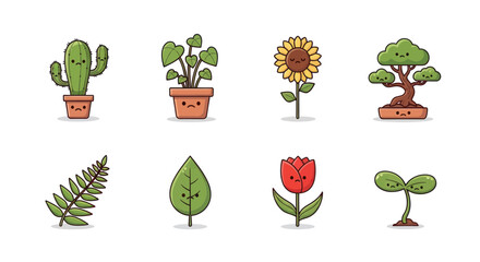 Cartoon plant collection various potted plants with smiling faces on white