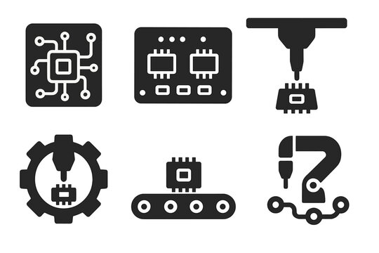 Microelectronics Icon Set. Solid style icons of micro-manufactured electronics: PCB print icon, circuit assembly tray, SMT micro