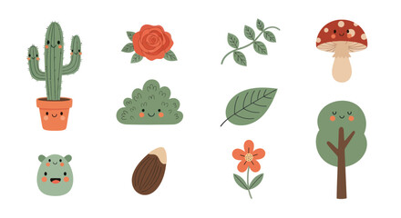 Cartoon plant collection with smiling faces for design elements