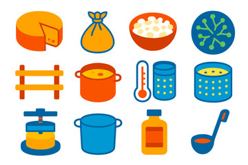 Cheese Making Icons. Flat vector icons of Artisanal Cheese Making: aging cheese wheel, cheesecloth, curds, mold culture, wooden