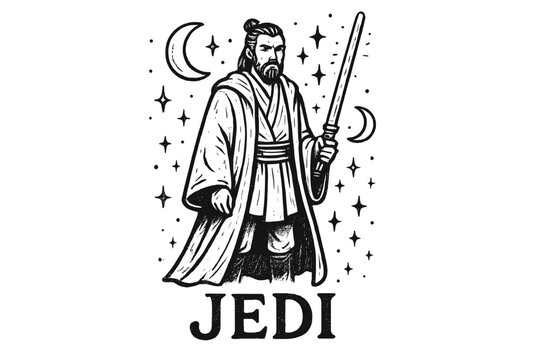 Jedi Knight Art. Hand-drawn jedi knight with moons, robes, and sparkles, center word &ldquo;Jedi&rdquo; in black and white isolated