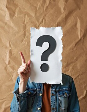 Person holds paper with question mark covering face. Finger points up. Concept of inquiry uncertainty or needing answers. Problem solving seeking information.
